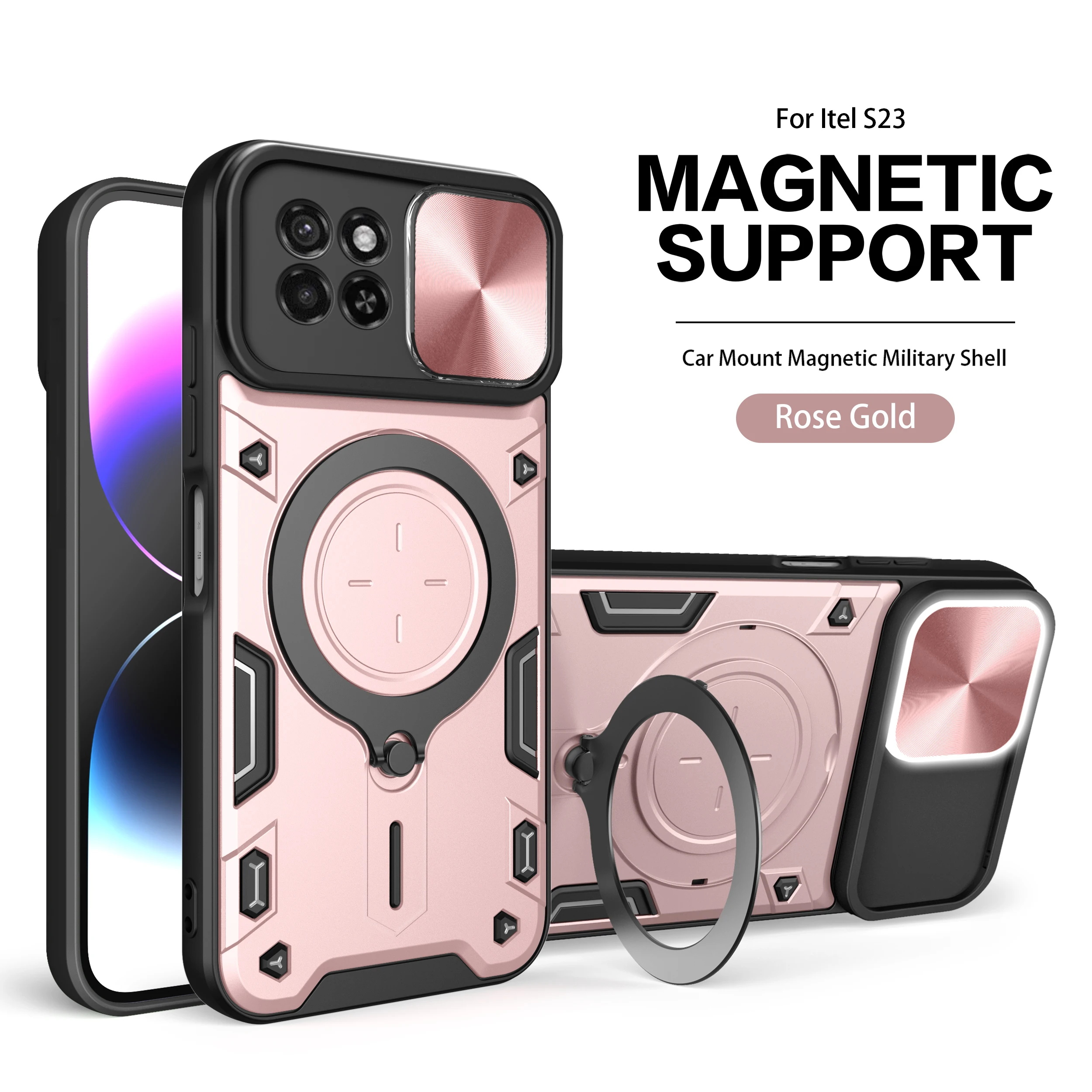 For Itel S23 Phone Case Itel S23 Case Heavy Duty Rugged Armor Magnetic Bracket CaseSlide Camera Protection Cover