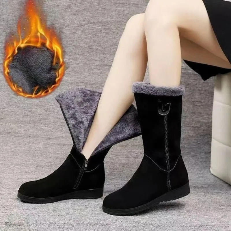 

Women's Winter Mid Length Boots Warm Inner Large-sized Cotton Shoes Thick Soled Side Zipper Anti Slip Snow Boots Botas Mujer