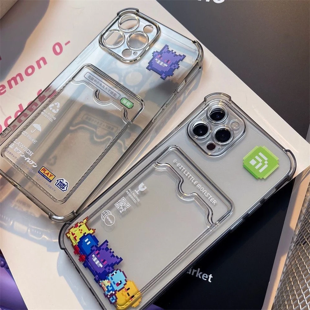 3D Anime Cute P-Pokemon Gengar Card Wallet Black Clear Soft TPU Phone Case For iPhone XS Max XR 13 12 11 14 15 16 Pro Max  Cover