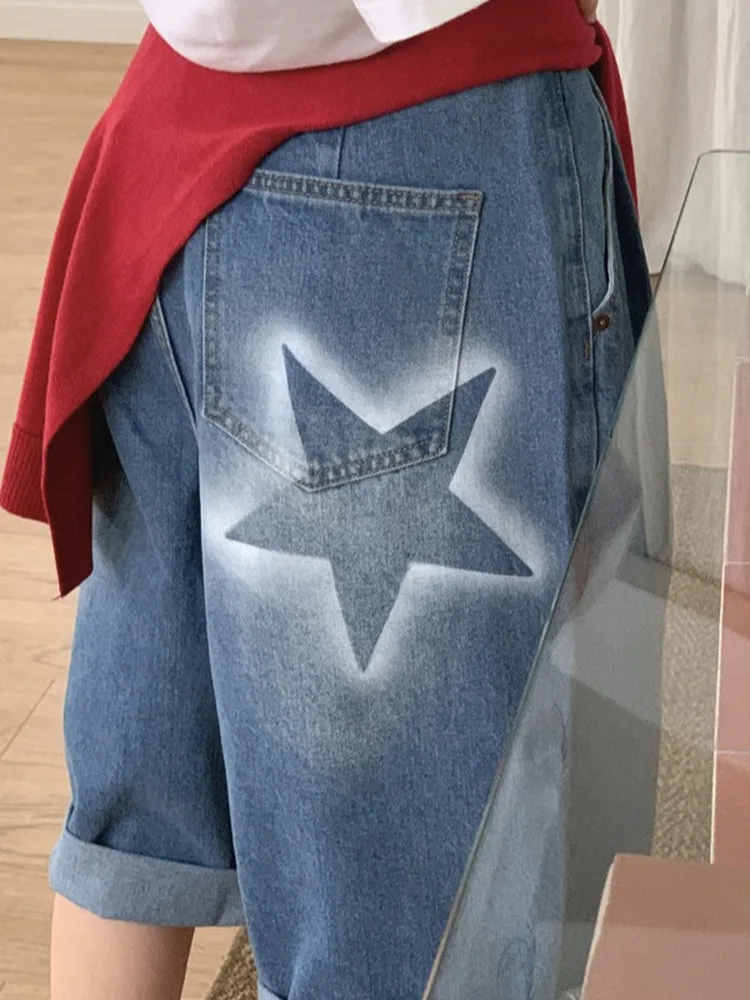 High Waist Wide Leg Short Jeans Women's Summer Casual Five Pointed Star Cuffed Retro Belted Slimming Denim Shorts