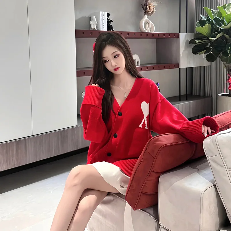 محبوك الصوفية المفتوحة سترة الخامس الرقبة فضفاضة تناسب نمط غير رسمي مريح الخريف الشتاء جديد وصول الحب نمط سترة معطف Fo... #3