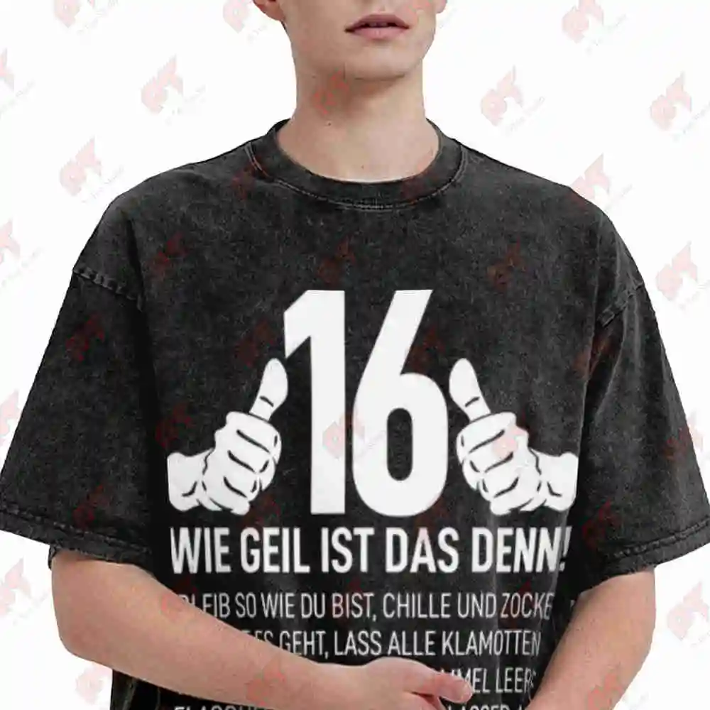 16th Birthday German Quote Number 16 Vintage Washed Tee Pure Cotton T-Shirt
