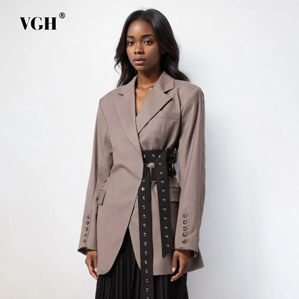 

VGH Patchwork Belt Temperament Blazers For Women Notched Collar Long Sleeve Spliced Pockets Slimming Solid Blazer Female Style