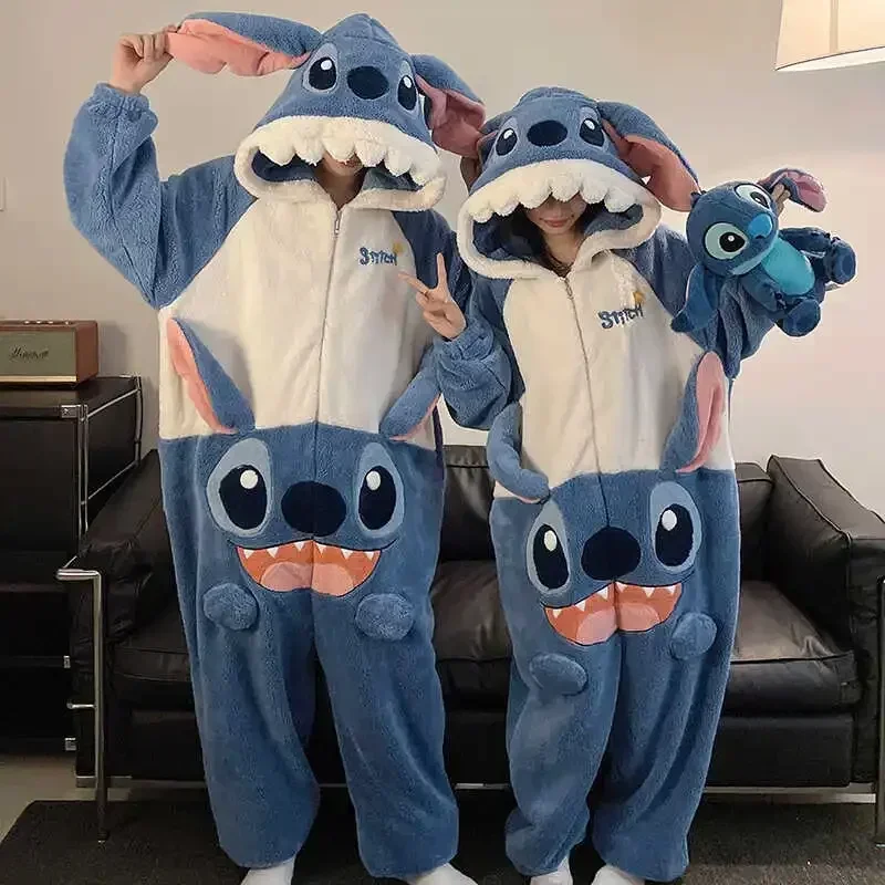 Cartoon Lilo&Stitch Couple One-Piece Pajama Disney Winter Coral Fleece Thermal Hooded Pullover Men's Loungewear Women's Pajama