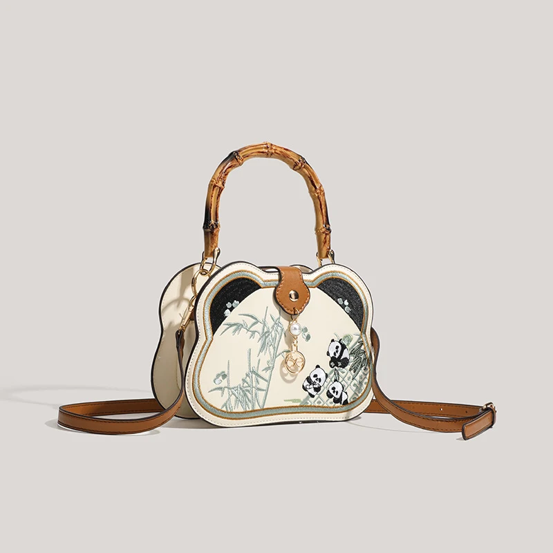 

New Chinese-style handbag, bamboo joint handle, cartoon panda pattern, single-shoulder crossbody bag, panda head shape