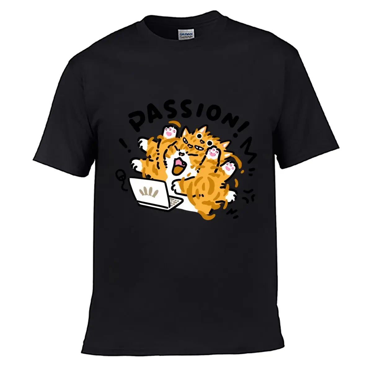 PASSION Orange Cat Laptop Work Cartoon Street Distressed Washed Loose Simple Tee