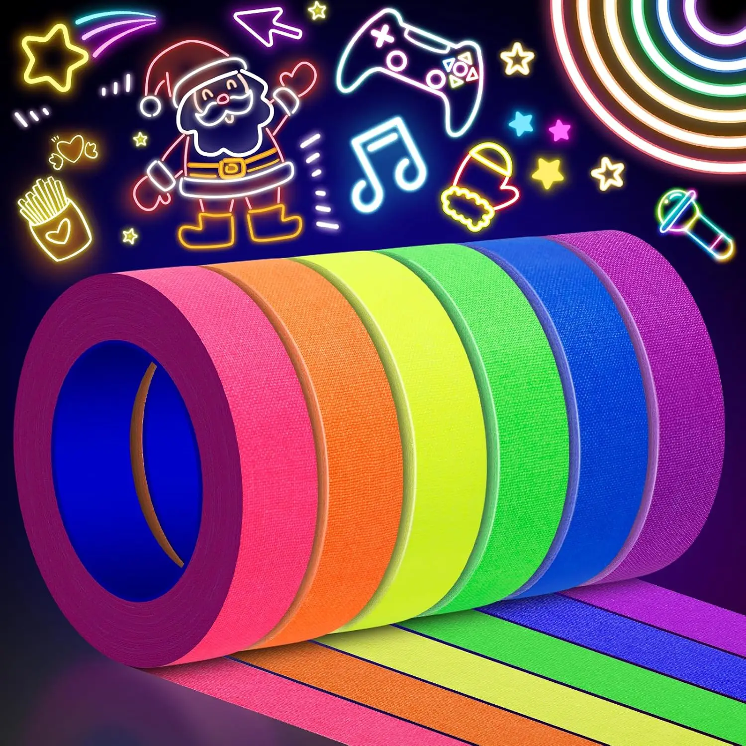 6-Color Neon Light Cloth Tape, Fluorescent Color Ultraviolet Party Black Light Emitting Tape, Marked, No Residue 6-Piece Set