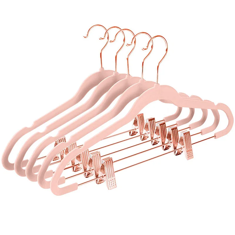 1pcs Non-Slip Clothes Hangers with Movable Clips Velvet Ultra Thin No Slip Rack Skirt Pants Velvet Hangers for Home Travel Pink