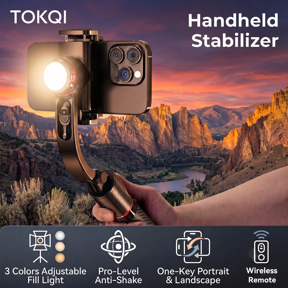 Stabilisateur de cardan TOKQI anti-tremblement en alliage d'aluminium avec lumière d'appoint et trépied perche à selfie 360° °   Rotation pour la prise de vue en direct en voyage