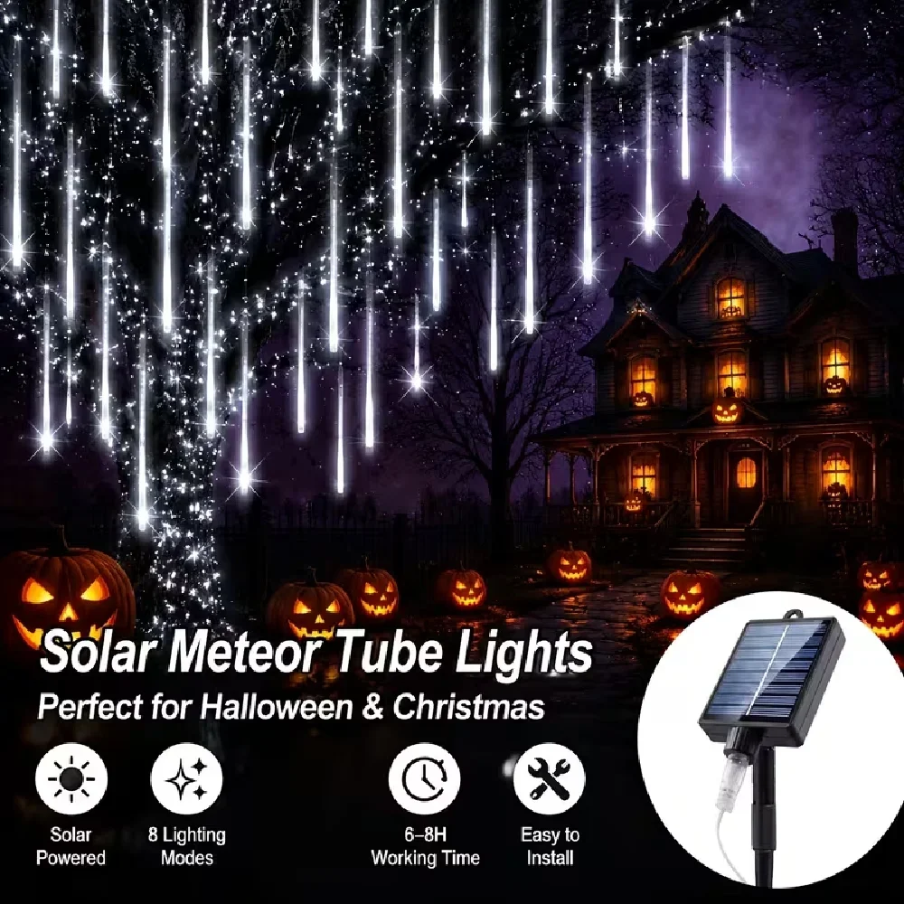 Solar Cascading Falling Rain Meteor Shower String Lights Outdoor Lighting for Halloween Christmas Garden Porch&Theme Party Decor