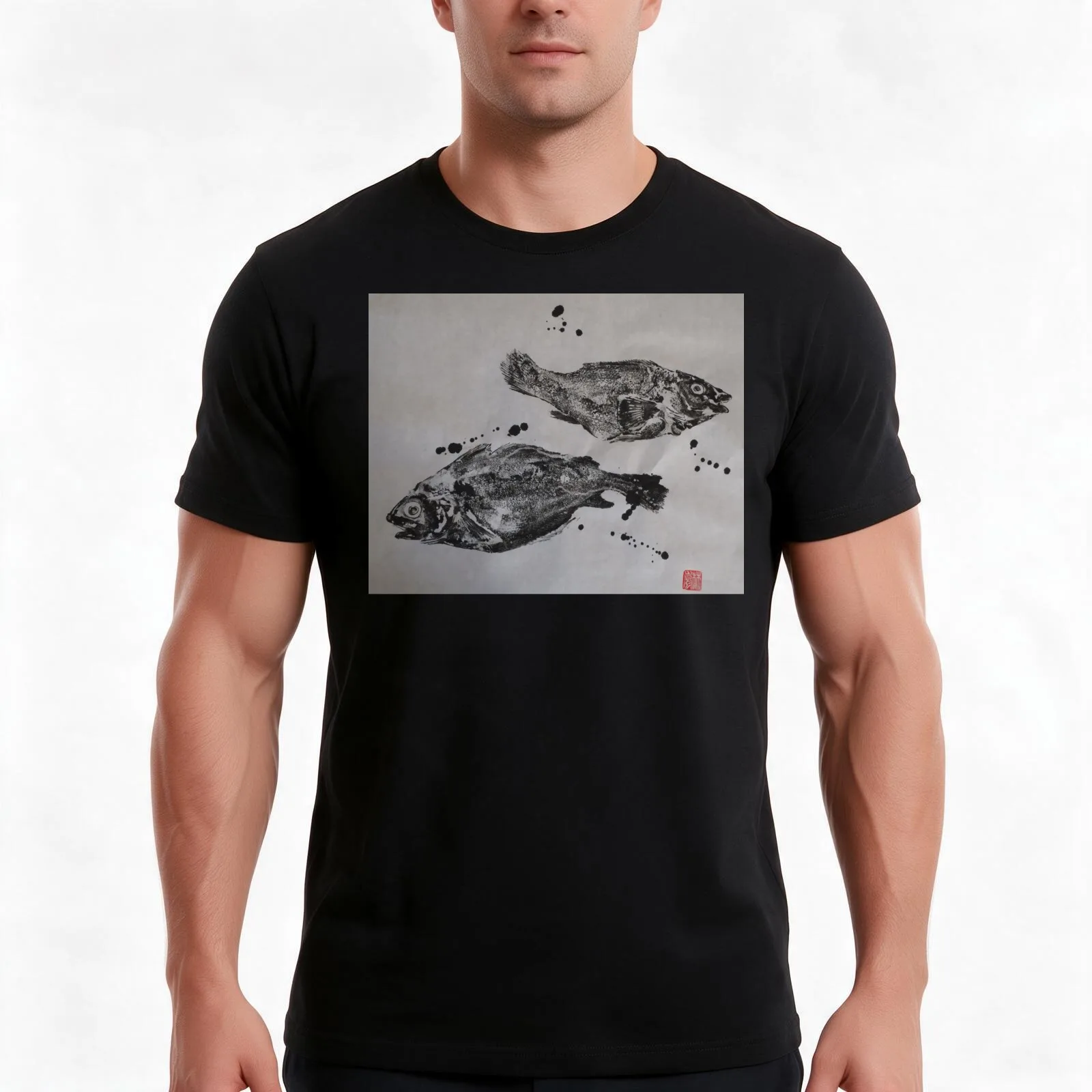 Gyotaku poisson T-Shirt Summer Casual Cotton Tee Oversized Streetwear Tops Vintage Graphic Print Loose Fit Short Sleeve