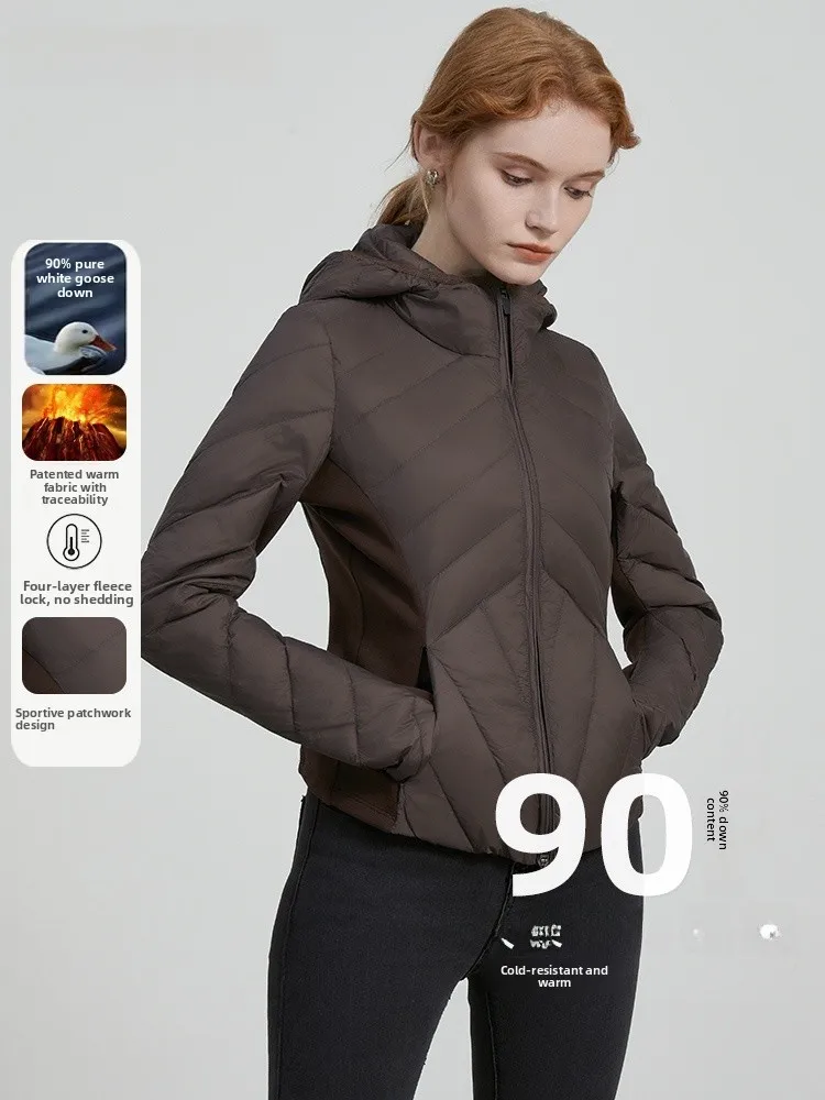 

Women's Lightweight Hooded down Jacket 2025 Autumn Winter New Waist-Cinching Splicing Slim White Goose down Short Warm Coat