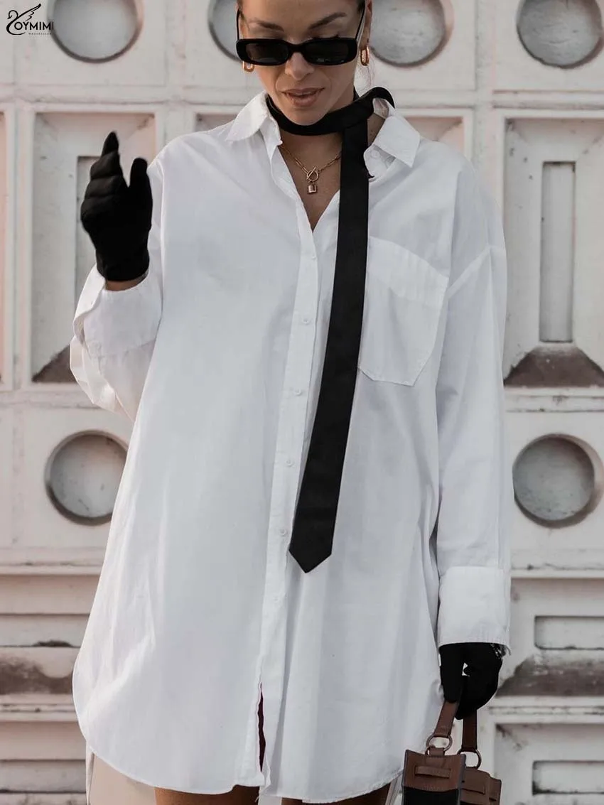 Oymimi Casual White Cotton Women Shirts Fashion Turn-Down Collar Long Sleeve Pockets Blouses Casual Patchwork Tie Button Shirts