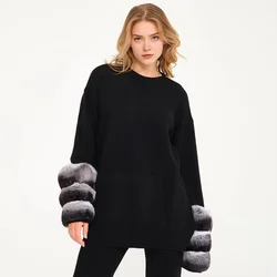 Suéter de piel de Chinchilla para mujer, cárdigan de Cachemira, abrigo de lana de invierno, suéter de punto, puños de conejo, superventas