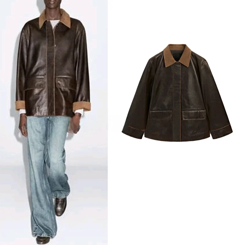 

Retro Sle Women's Parka Coat Fake Leather Corduroy Collar Barn Sle Outerwear Breathable Polyester Fiber Long Sve Zipper