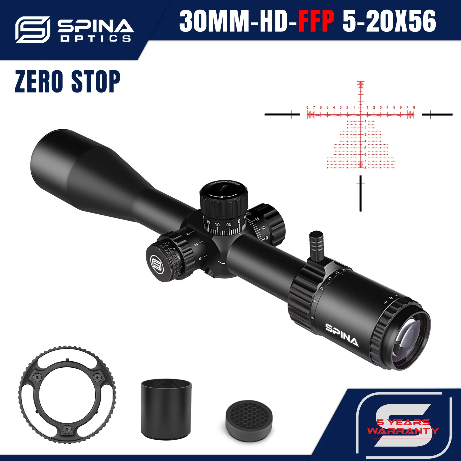 Mira de Caza Táctica SPINA OPTICS WolfChase Gen II con Topa-Cero 5-20x50 FFP, Primer plano focal, Lente HD, 1/10 MIL