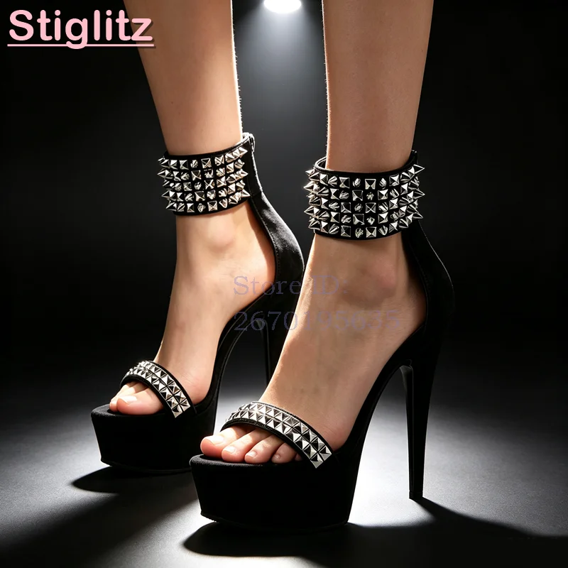 Studded Platform High Heel Sandals Round Toe Rivet Ankle Buckle Strap Stiletto Heels Satin Party Club Fashion Women Shoes 2026