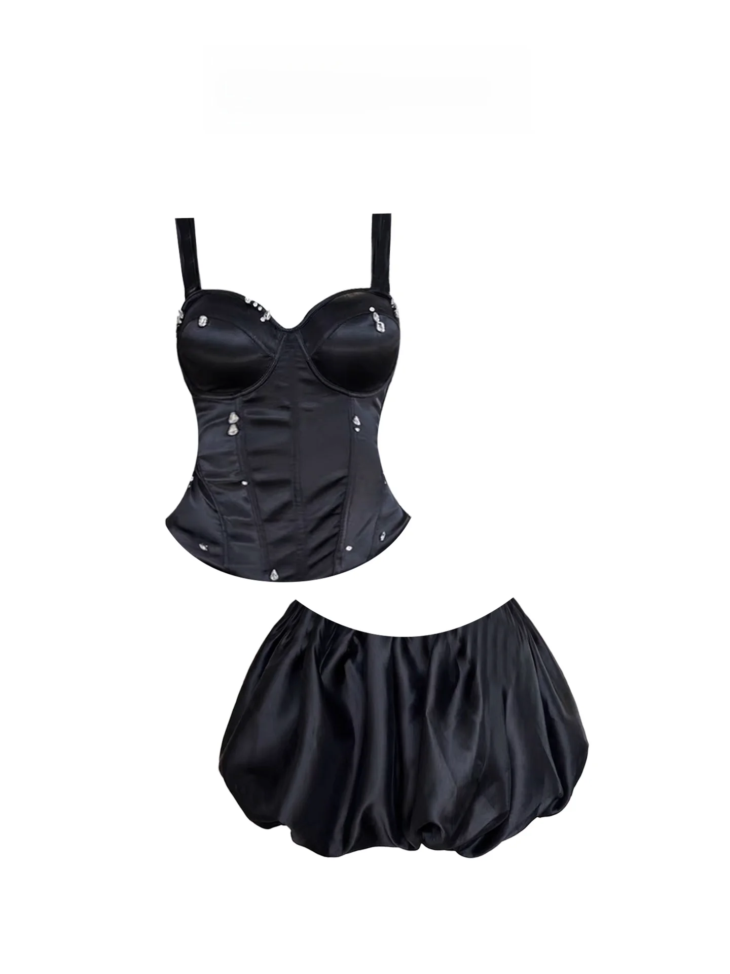 

Heavy Embellied Satin Fibone Top And High Waist Flower Bud f Skirt Set Women's plus Size Faionable Korean Sle Ense...