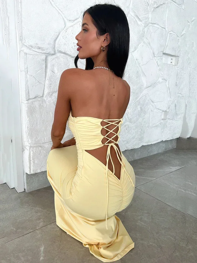 

Strapless Backless Lace-up Maxi Dress For Women Summer New Off-shoulder Sleeveless Bodycon Club Party Long Dress