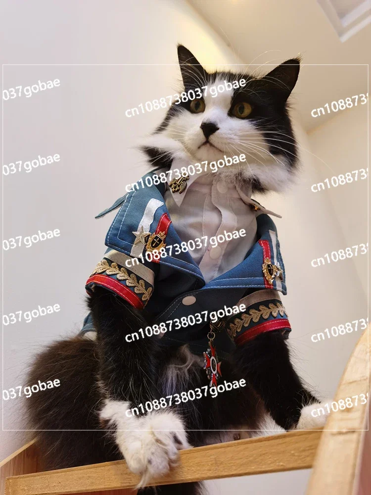 Private Pet Handmade Glazed Blue Pet Military Uniform Male Dog Suit Cat Clothes Teddy Than Bear Bull Fighting Autumn and Winter