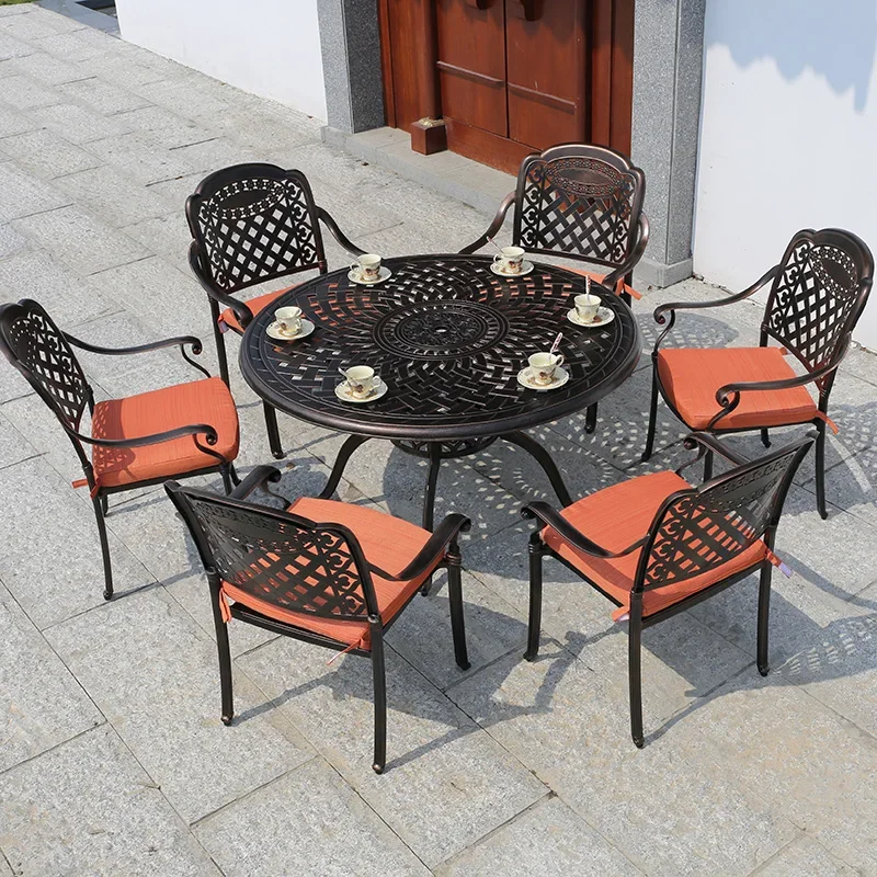 Luxury Garden Decoration Round Table High Quality Thick Armrest Outdoor Table And Chair Cast Aluminum Frame Grace Furniture Set