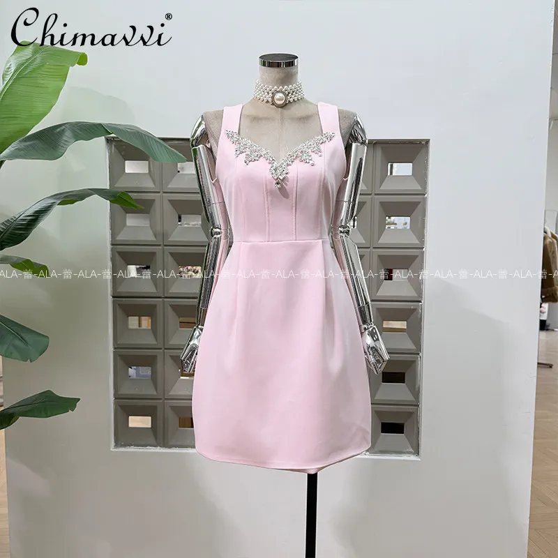 

New 2026 Spring Summer New Heavy Diamond Vest Solid Color Dress Fashion Sleeveless High Waist Elegant Birthday Party Dress