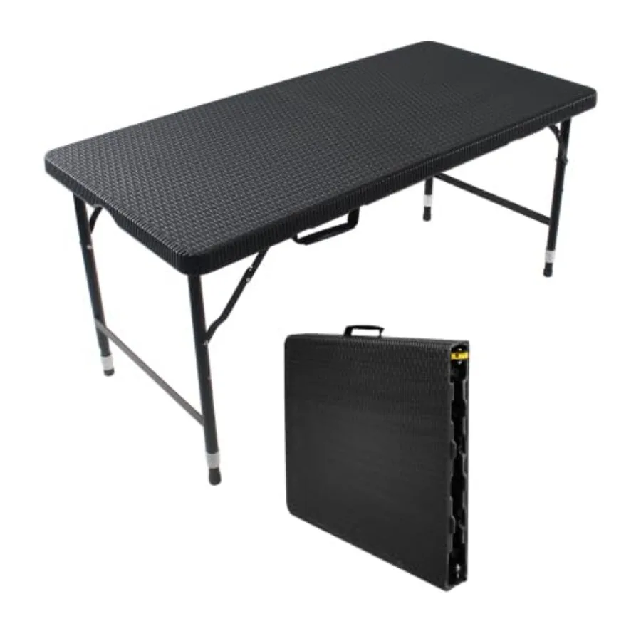 

Outdoor picnic table, rattan material, black color, heavy-duty folding design with handle for portability and party dining