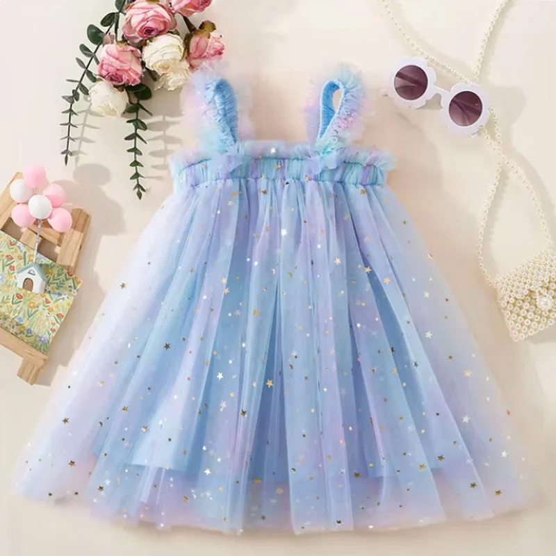 Summer Girls\' Dress Baby Girl Full Of Stars Moon Decorations Suspenders Colorful Mesh Beach Princess Dress