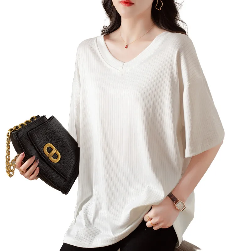 Camiseta de Punto de Seda de Hielo de Talla Grande con Cuello en V para Mujer, Ajuste Holgado, Cubre el Vientre, Cómoda, Transpirable, Top de Verano