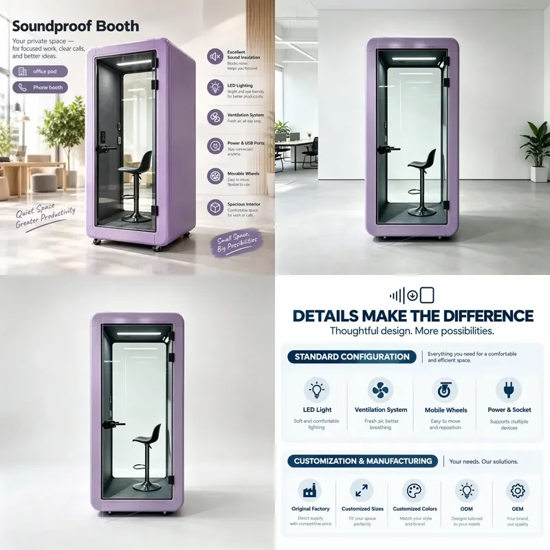 Tempered Glass Soundproof Office Cabin Movable Phone Booth for Recording Studio Silent Negotiation Meeting and Other