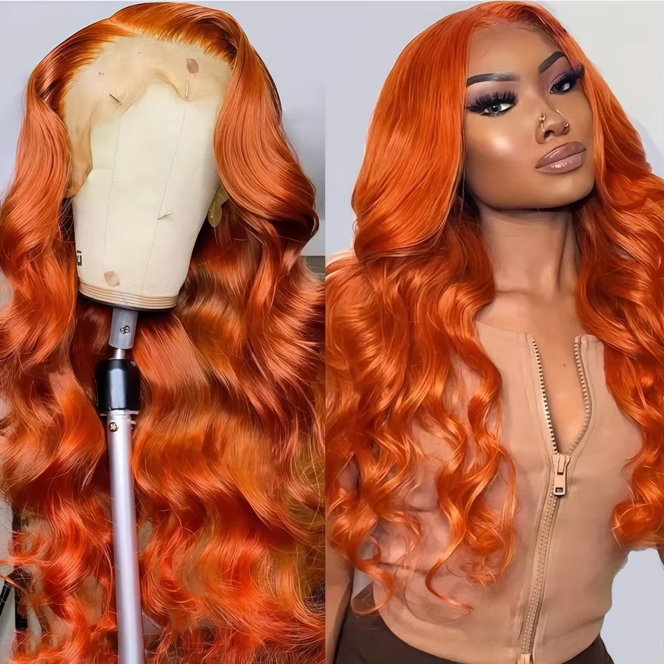 250% densité gingembre orange 30 40 pouces vague de corps 13x6 HD dentelle avant perruque cheveux humains # 350 perruque colorée cheveux humains pour femmes