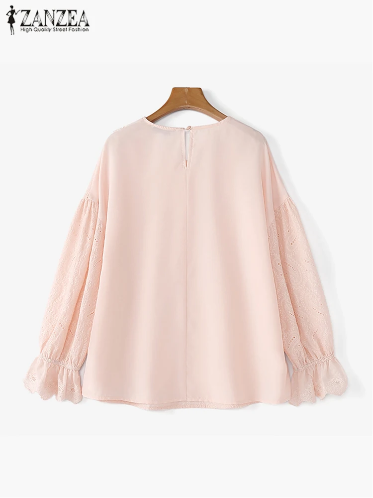 ZANZEA Casual Loose Cotton Tops Women Lapel Collar Blusas Sweety Lace Splicing Ruffled Blouse Elegant Flare Long Sleeve Tees