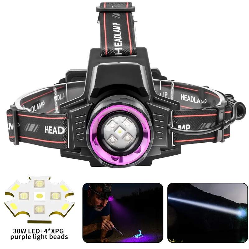 

Powerful White LED Headlight 395nm UV Lamp, Amplification Function, Rechargeable Headlight Suitable for Fishing and Camping