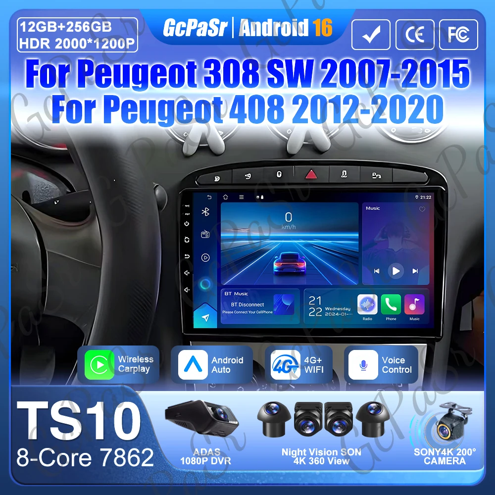 Android 16 Video 4G Wifi para Peugeot 408 para Peugeot 308 308SW pantalla de navegación GPS DVD Autoradio GPS Radio de coche Carplay estéreo