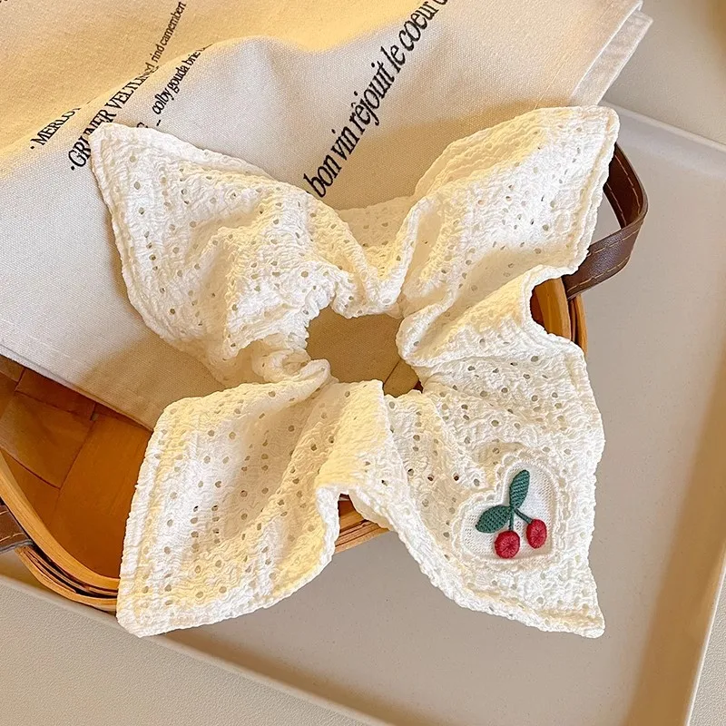Cherry Print Hollow Scrunchie Sweet Feminine Atmosphere for Low Ponytail Hair Tie Soft Lightweight Cotton Red Hair Accessories