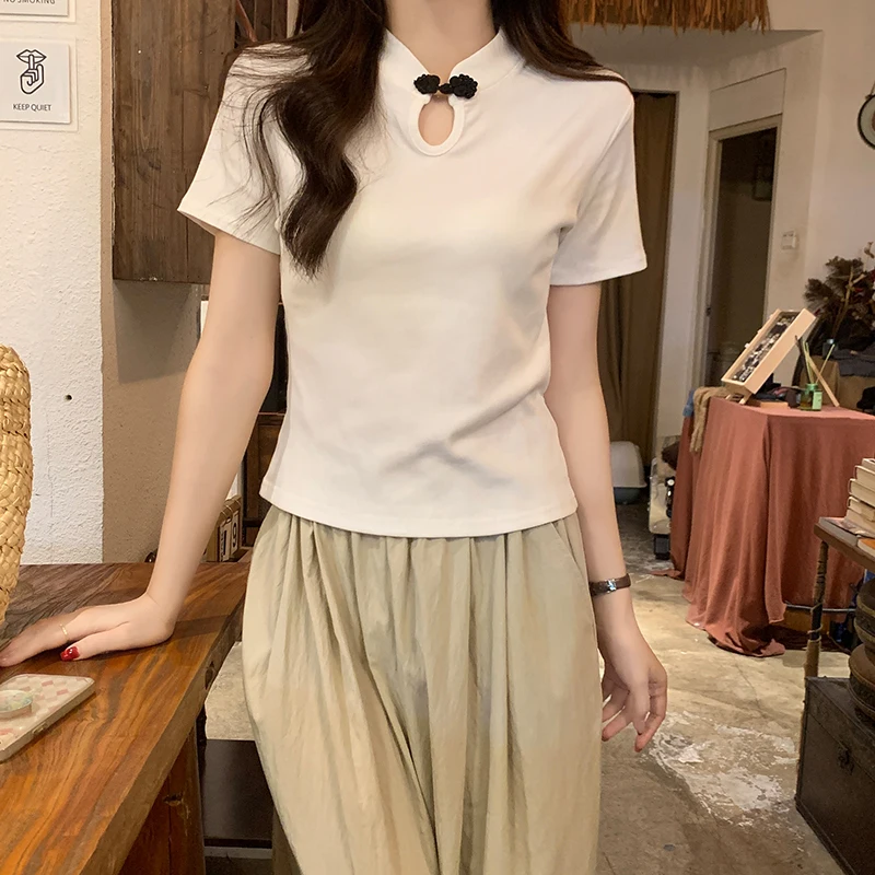 Short Sleeve T-shirt 2024 Summer Pan Buckle Slim Shoulder Solid Color Women's Top