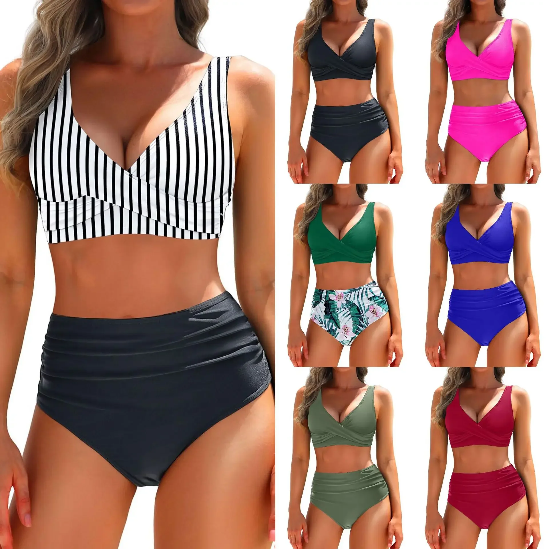 Moda de cintura alta biquíni maiô cores separadas impresso cruz design feminino banho elegante chique piscina outfit