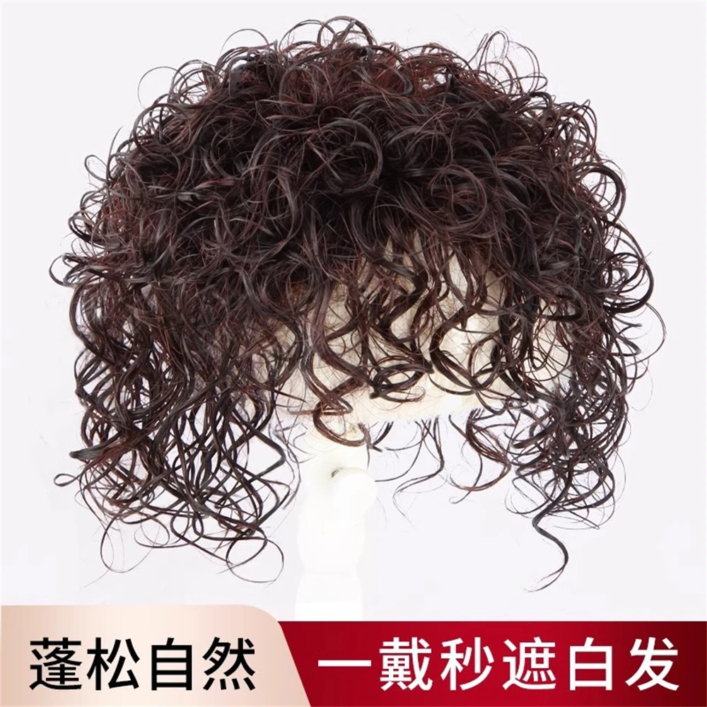 

100% real wig piece, curly hair piece fluffy to cover white hair, perm wool small curls, top hair replacement piece for women