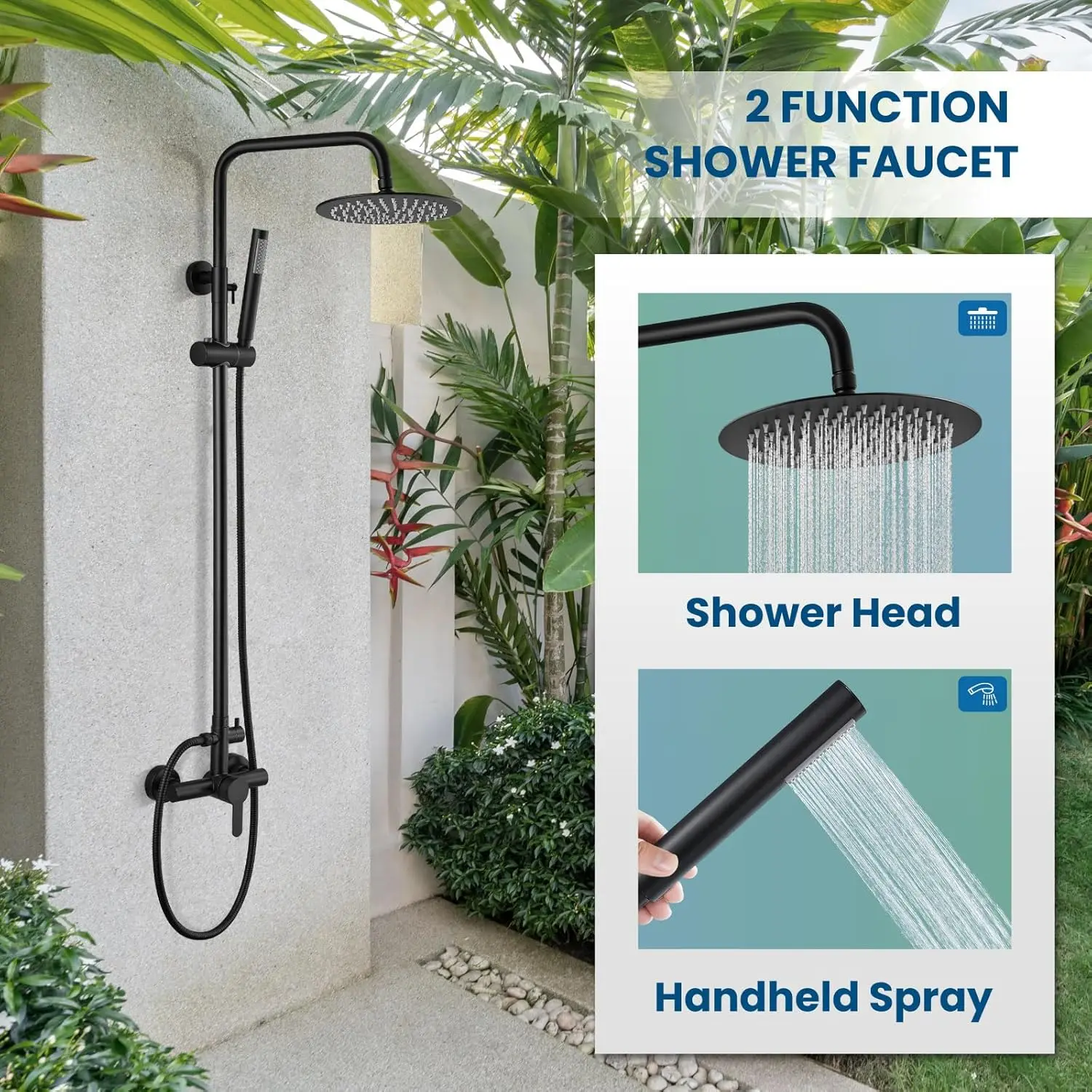 Stainless Steel Outdoor Shower Kit with Rainfall and Handheld Spray, Matte Black Finish, Easy Wall Mount Installation