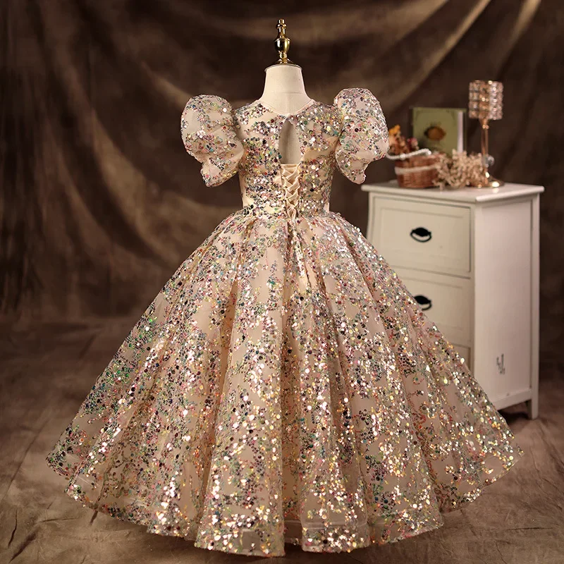 Vestido de princesa champán para niñas, vestido de Pompadour para niños, pequeño anfitrión de flores, vestido de boda para niña pequeña, vestido para tocar el piano