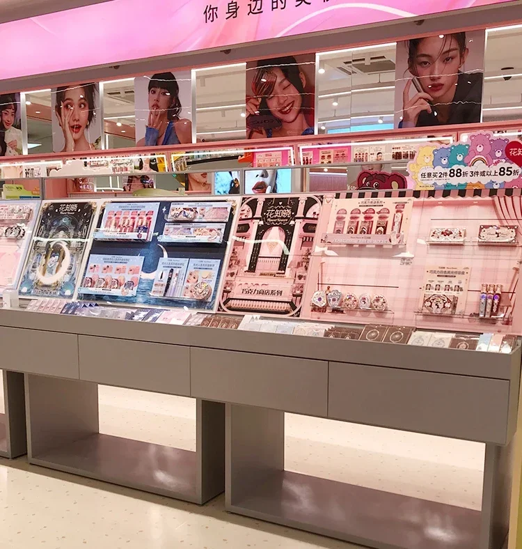 Hot sales shop shelf facial mask live broadcast cosmetics cabinet  eyebrow pencil lipstick display shelf with light cosmetics