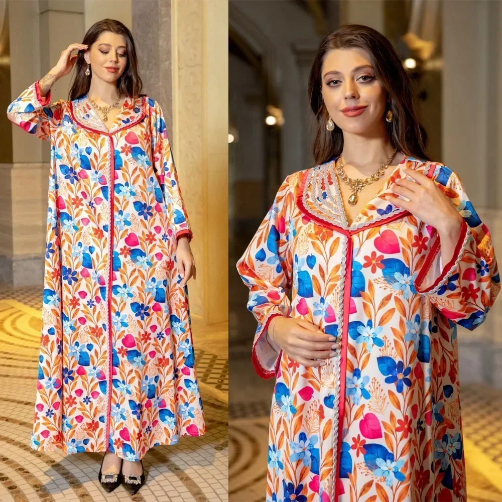 Floral Print Abaya Dubai Sequin Diamond Lapel Neck Dress Muslim Women V-neck Long Robe Retro Style Jalabiya Banquet Kaftan Femme