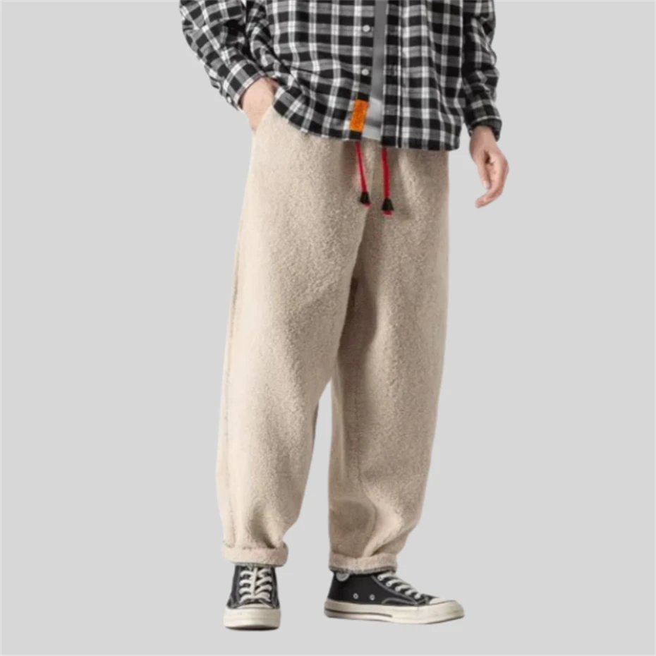 

Large Size Winter Pants Mens Fleece Thick Pant Warm Straight Casual Trousers Lambs Wool Pencil Pants Pocket Design Bottom 5XL