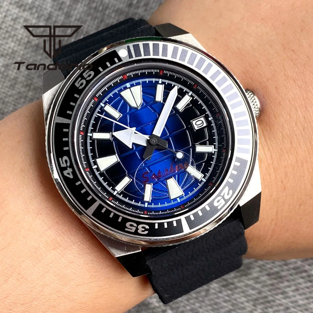 Tandorio NH35 NH36 Date Week Display 43mm Automatic Watch for Men Sapphire Crystal Aluminum Bezel Luminous Dial Rubber Strap