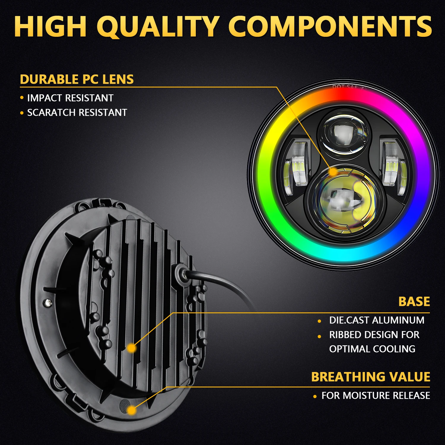LED Colorful Headlight 7 Inch Wrangler Round Headlight High Power 200W 20000LM for Jeep Harley Universal Headlamp 6000K 12V 24V