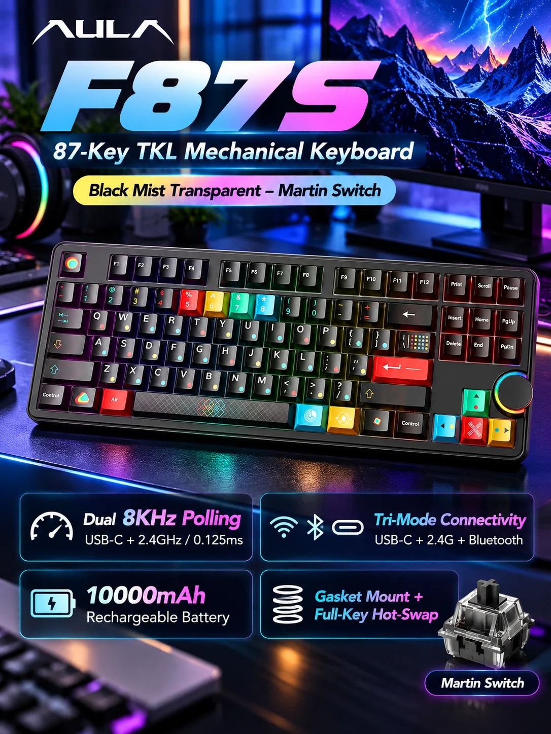 AULA F87S Wireless Mechanical Gaming Keyboard 87 Keys 8KHz Tri Mode 2.4G Bluetooth USB-C 10000mAh Gasket RGB Hot Swap