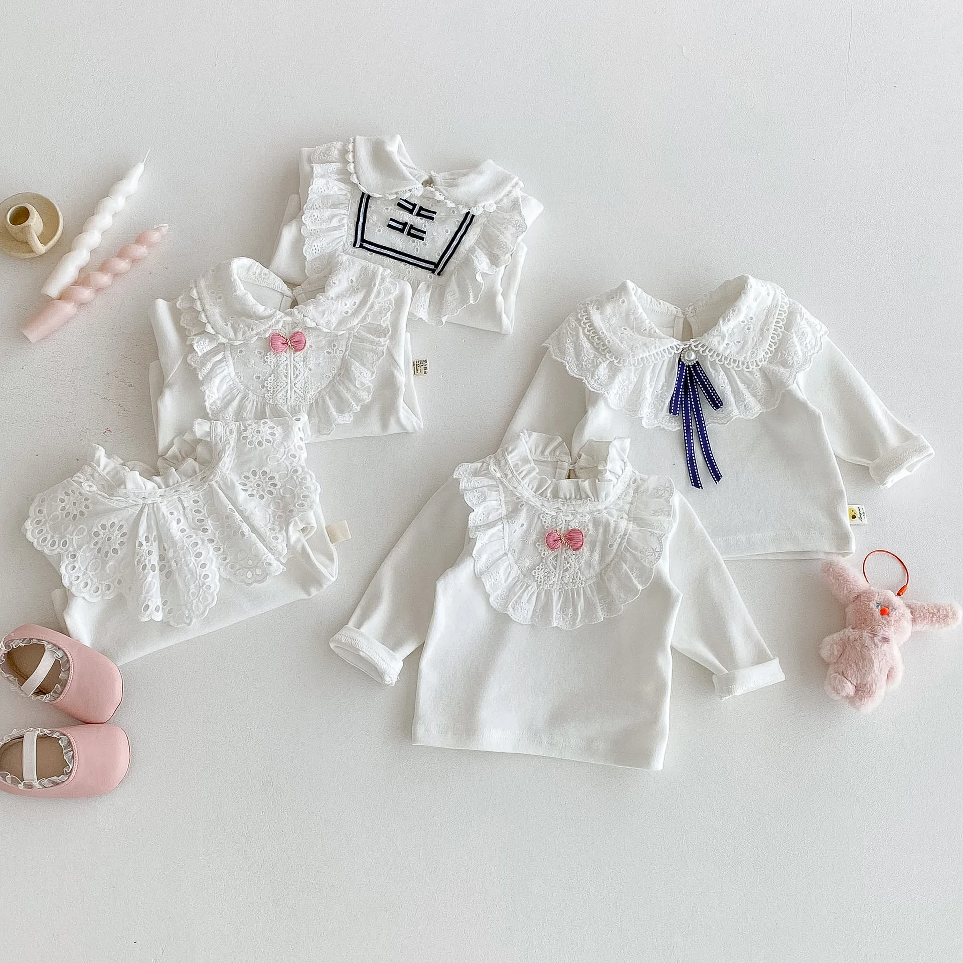 

2025 Autumn New Baby Girl Long Sleeve Lace Collar Bottoming Shirts Solid Girls Cute Lapel Princess Tops Cotton Infant Clothes