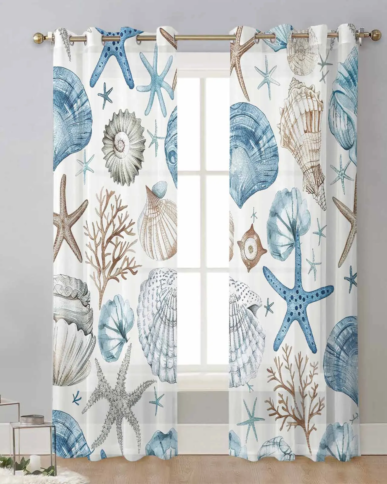 

Marine Coral Shell Starfish Blue Series Sheer Curtains for Living Room Printed Tulle Window Curtain Luxury Home Decor Drapes