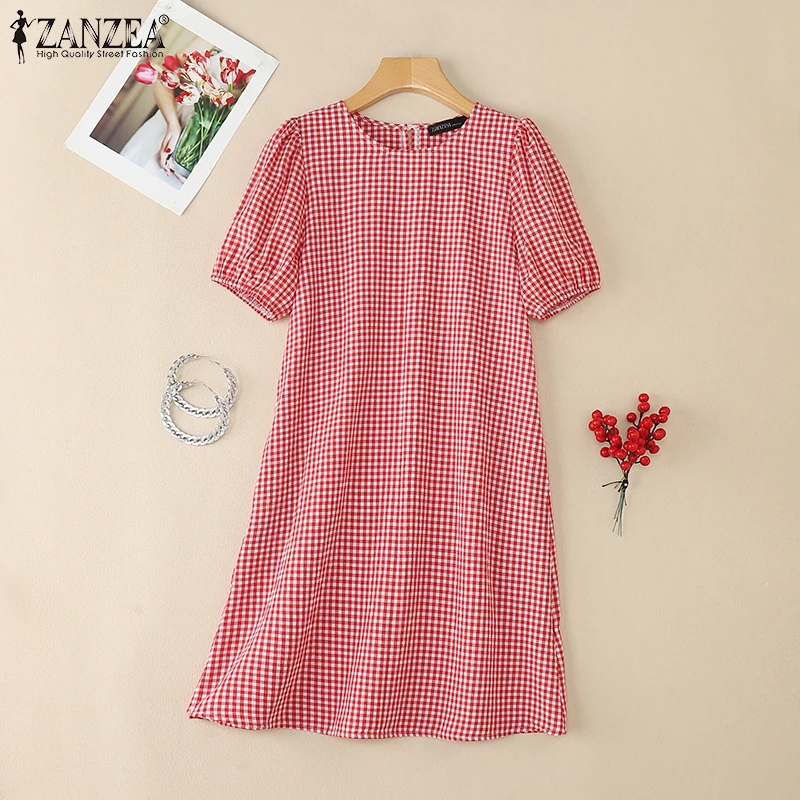 2026 ZANZEA Summer Dress Women Stylish Holiday Beach Sundress Short Puff Sleeve Plaid Dresses Casual A Line Mini Vestidos Robe