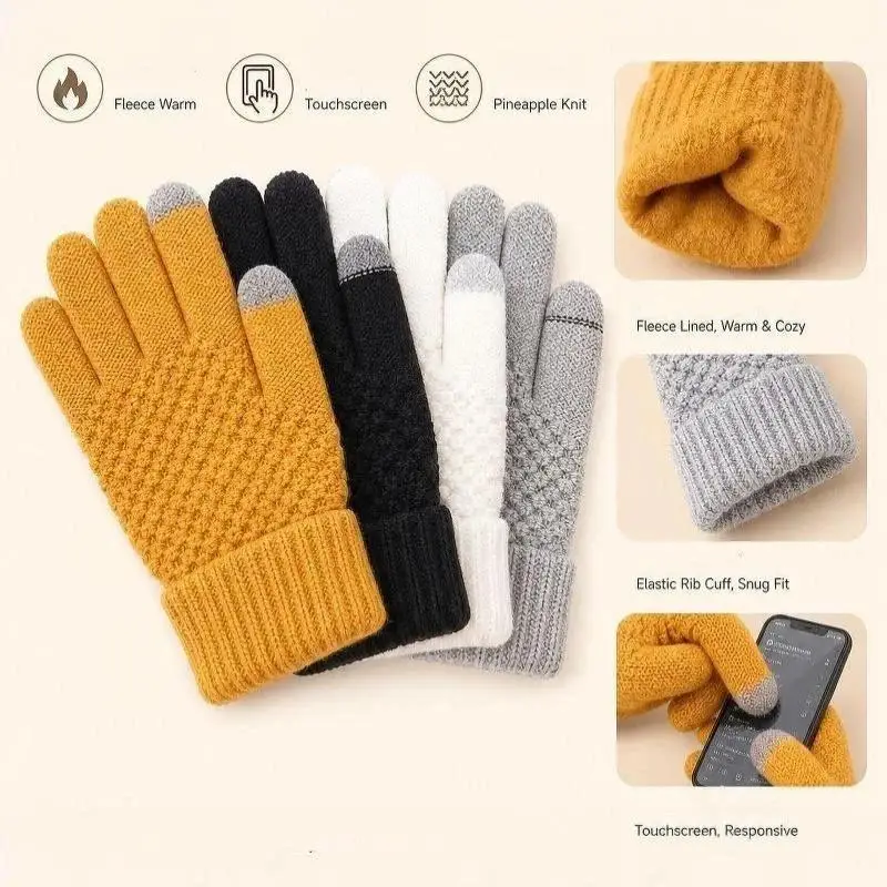 Damen Herren Warme Winter-Touchscreen-Handschuhe, dehnbare klassische Strick-Fäustlinge, Woll-Fingerhandschuhe für Outdoor, Radfahren und Autofahren – Detail 10